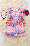 Patriotic teddy bear printed girls romper with ruffle hem. PNG50110 JEAN