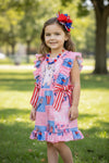 Patriotic teddy bear printed girls romper with ruffle hem. PNG50110 JEAN