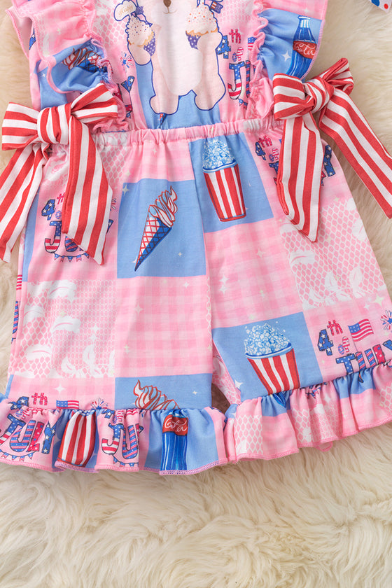 Patriotic teddy bear printed girls romper with ruffle hem. PNG50110 JEAN