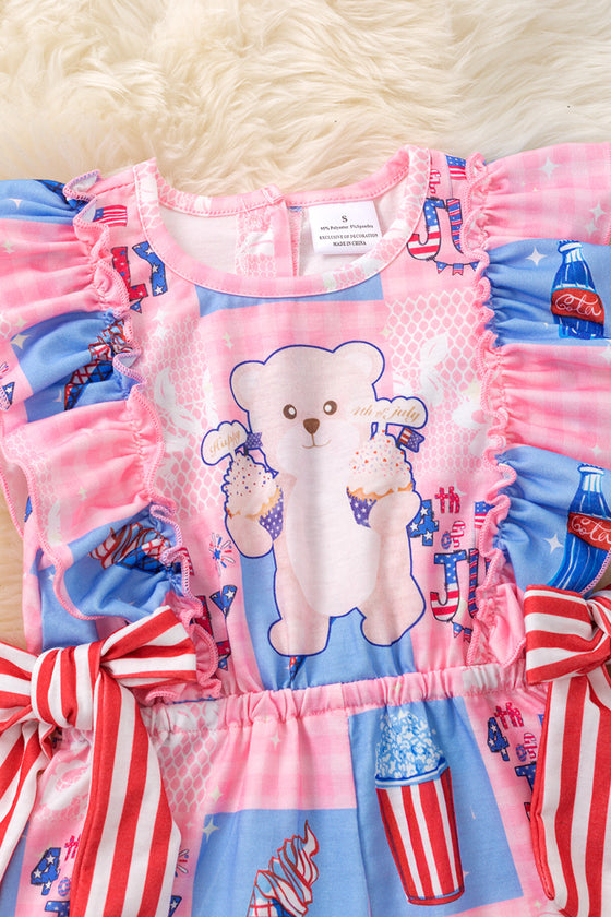 Patriotic teddy bear printed girls romper with ruffle hem. PNG50110 JEAN