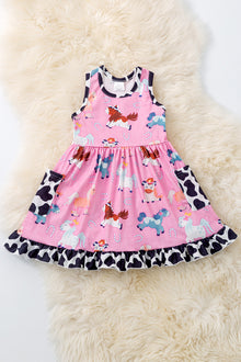  Pony land pink girls printed dress with cow ruffle trim. DRG50646 AMY