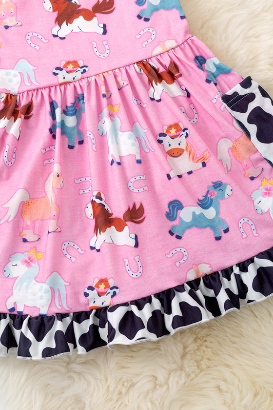 Pony land pink girls printed dress with cow ruffle trim. DRG50646 AMY