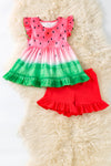 Watermelon tie dye tunic with ruffle sleeves and red shorts. OFG60281 AMY