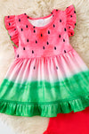 Watermelon tie dye tunic with ruffle sleeves and red shorts. OFG60281 AMY