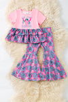 My first Rodeo" Checker bull skull & concho printed ruffle top & bell bottoms. OFG60707 JEAN
