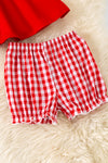 Embroidered neckline with strawberry red tunic & gingham bottoms. OFG60257 AMY