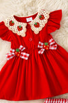 Embroidered neckline with strawberry red tunic & gingham bottoms. OFG60257 AMY
