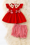 Embroidered neckline with strawberry red tunic & gingham bottoms. OFG60257 AMY