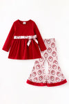 Red tunic with Santa printed band and bell bottoms. OFG63382 AMY