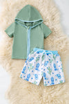 Mauve green swim top with hoodie and western printed shorts. SWB60008 SOL