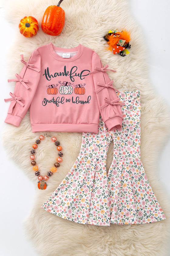 Thankful grateful & blessed" bow sleeve top and floral bell bottoms.  OFG51474 Sol