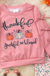 Thankful grateful & blessed" bow sleeve top and floral bell bottoms.  OFG51474 Sol