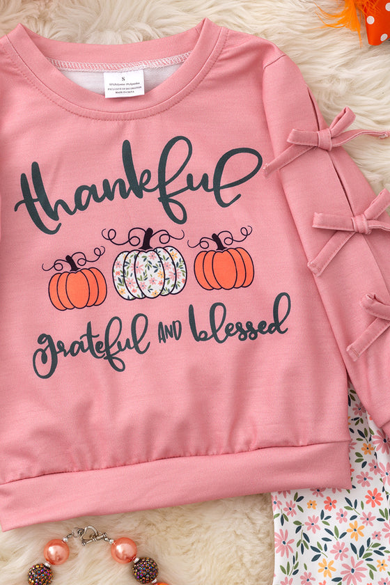 Thankful grateful & blessed" bow sleeve top and floral bell bottoms.  OFG51474 Sol