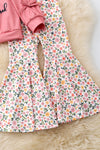Thankful grateful & blessed" bow sleeve top and floral bell bottoms.  OFG51474 Sol