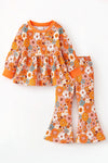 Orange printed floral long sleeve top and matching bottoms. OFG61638 Bre