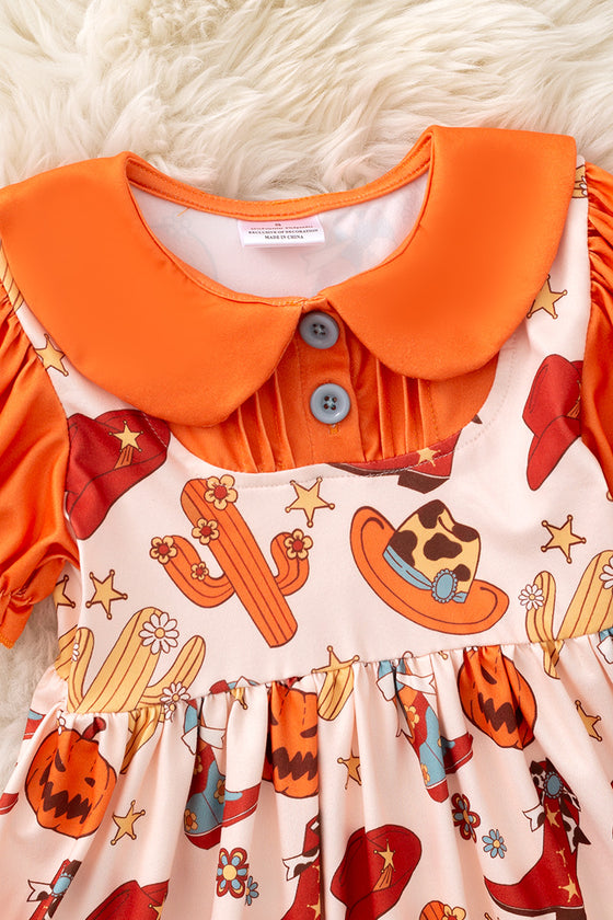 Halloween pumpkin printed wester dress. DRG54388 JEAN