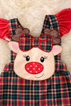 RPG40804 JEAN: Coquette reindeer applique plaid romper.