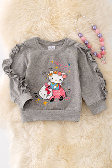  TPG41123 JEAN: Kitty printed sweatshirt w/ ruffle trim.