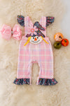 RPG40806 Sol: Pink plaid scare crow applique romper.