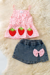 Pink gingham top with strawberry applique & denim skort. OFG60258 JEAN