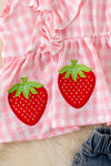 Pink gingham top with strawberry applique & denim skort. OFG60258 JEAN