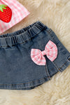 Pink gingham top with strawberry applique & denim skort. OFG60258 JEAN