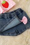 Pink gingham top with strawberry applique & denim skort. OFG60258 JEAN