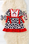 Farmhouse applique dress w/ cow print & red ruffle trim. DRG60408 AMY