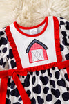 Farmhouse applique dress w/ cow print & red ruffle trim. DRG60408 AMY