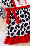 Farmhouse applique dress w/ cow print & red ruffle trim. DRG60408 AMY