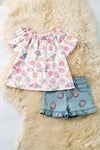 Sweet summer, ice cream, sea shell printed tunic & denim shorts. OFG60262 JEAN
