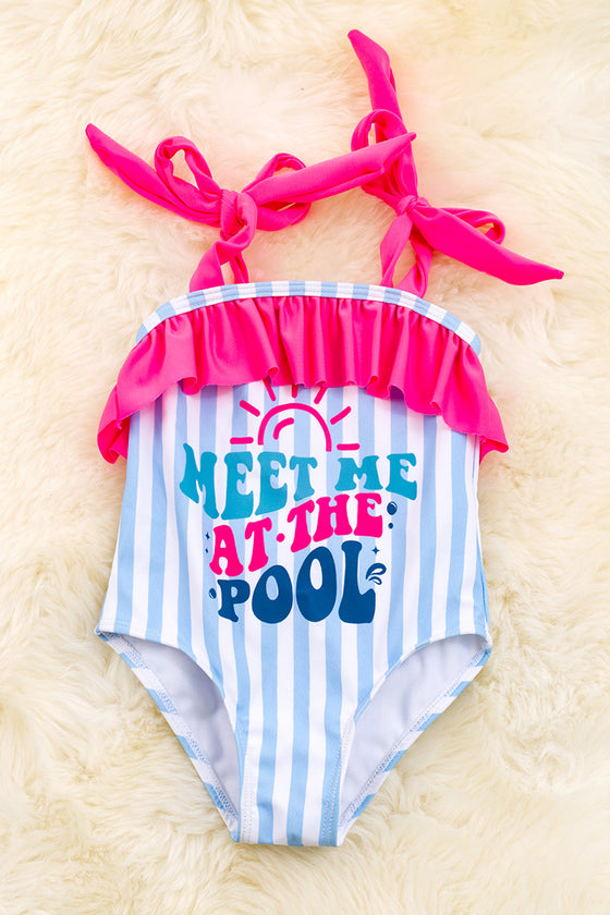 "Meet me at the pool" blue & white stripe with fuchsia fold over ruffle trim. SWG40007 WENDY