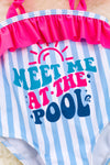 "Meet me at the pool" blue & white stripe with fuchsia fold over ruffle trim. SWG40007 WENDY