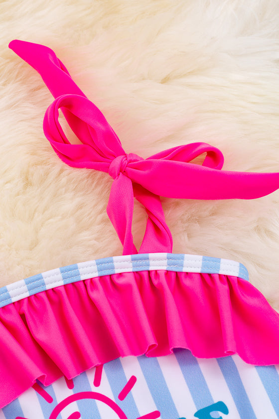 "Meet me at the pool" blue & white stripe with fuchsia fold over ruffle trim. SWG40007 WENDY