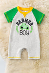 "Farmer Boy" Lt. gray baby romper w/green sleeve. RPB60087 AMY