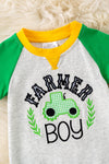"Farmer Boy" Lt. gray baby romper w/green sleeve. RPB60087 AMY