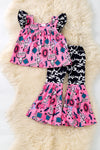 Howdy, concho,bull skull Pink tunic with cow printed angel sleeves & matching bottoms. OFG60709 SOL