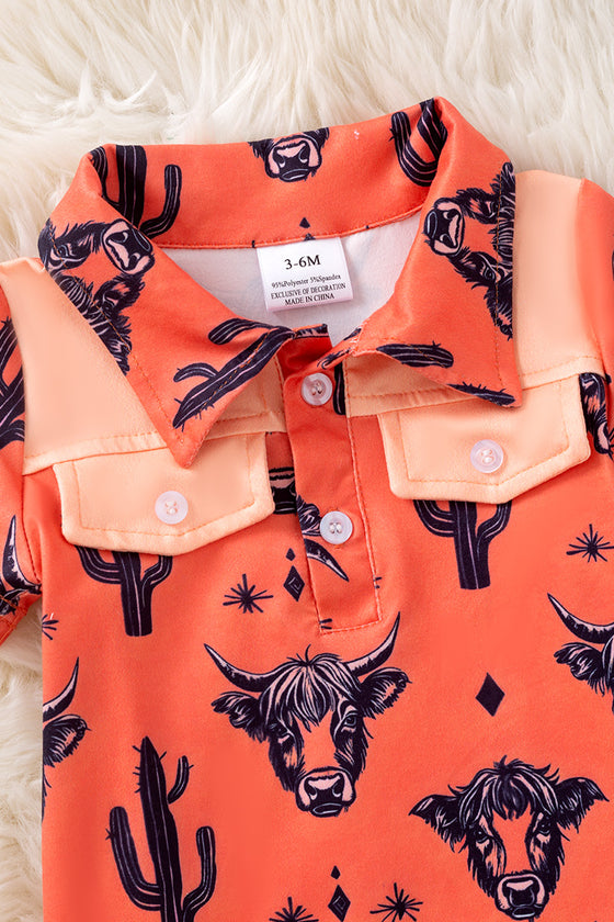 Orange Highland cow printed baby romper. RPB50727 SOL