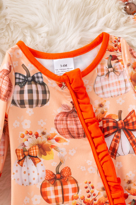 Coquette pumpkin printed girls baby onesie w/ruffle butt. RPG53657 AMY