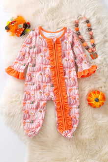  Pink pumpkin printed w/orange trim baby onesie. RPG53725 jean