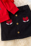 "Merry & Bright" Red pom pom sleeve sweatshirt & denim skirt. OFG51241 JEAN