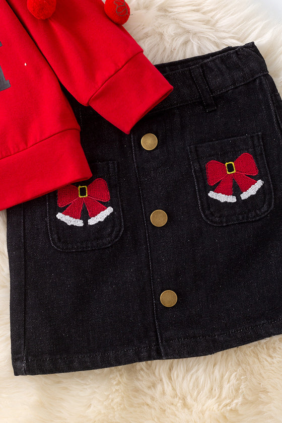 "Merry & Bright" Red pom pom sleeve sweatshirt & denim skirt. OFG51241 JEAN