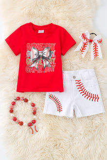  Game Day" Red baseball tee & white shorts. OFG50268 SOL