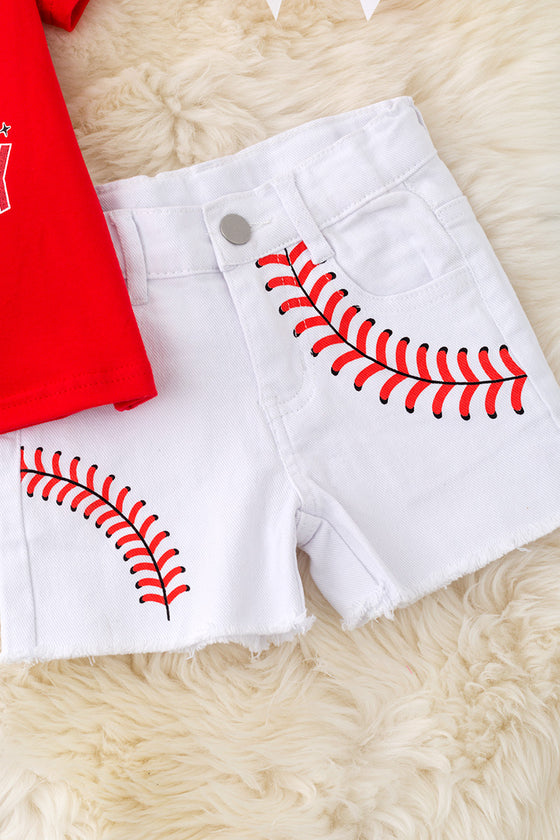 Game Day" Red baseball tee & white shorts. OFG50268 SOL