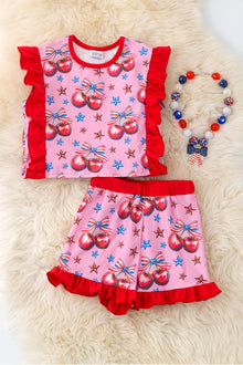  Patriotic cherry printed on Pink girls short outfit. OFG50481 SOL