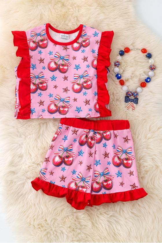 Patriotic cherry printed on Pink girls short outfit. OFG50481 SOL