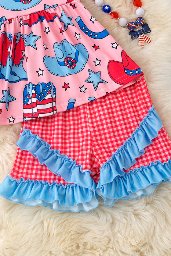 Western cow girls pink tunic with red gingham shorts. OFG50480 SOL