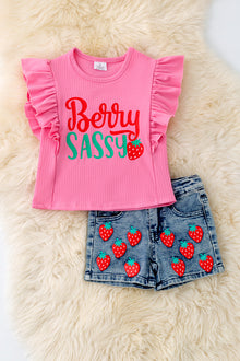  Berry Sassy" Strawberry printed on pink top & shorts. OFG50253 JEAN