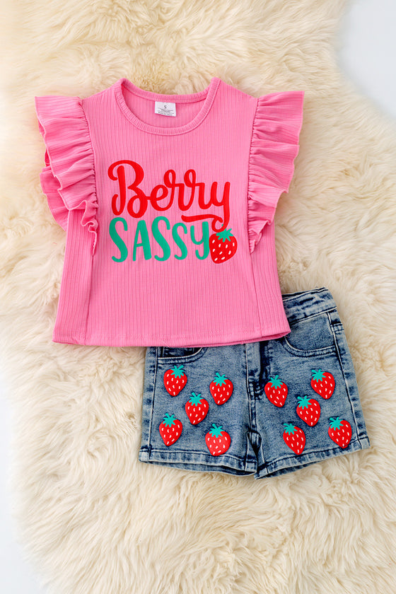 Berry Sassy" Strawberry printed on pink top & shorts. OFG50253 JEAN