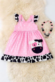  Pink polka dot cow applique dress w/ruffle trim. DRG50391 SOL